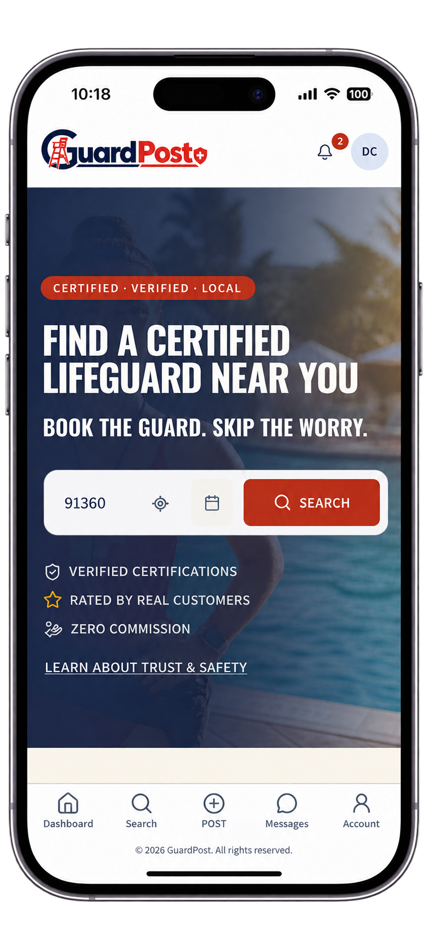 GuardPost homepage showing certified lifeguard search on an iPhone